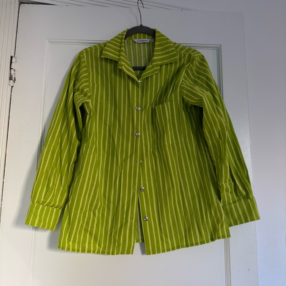 Marimekko button up Jokapoika shirt lime green striped sz Small
